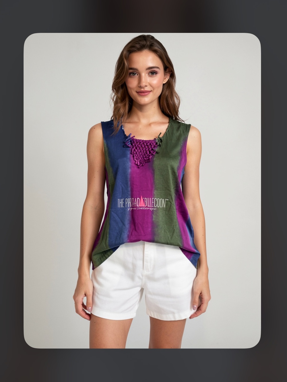 The Pyramid Collection Sleeveless Striped Tunic in Purple, Green, Blue